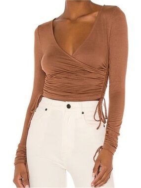 Lovers + Friends Brown Ruched Wrap Long-Sleeve Crop Top